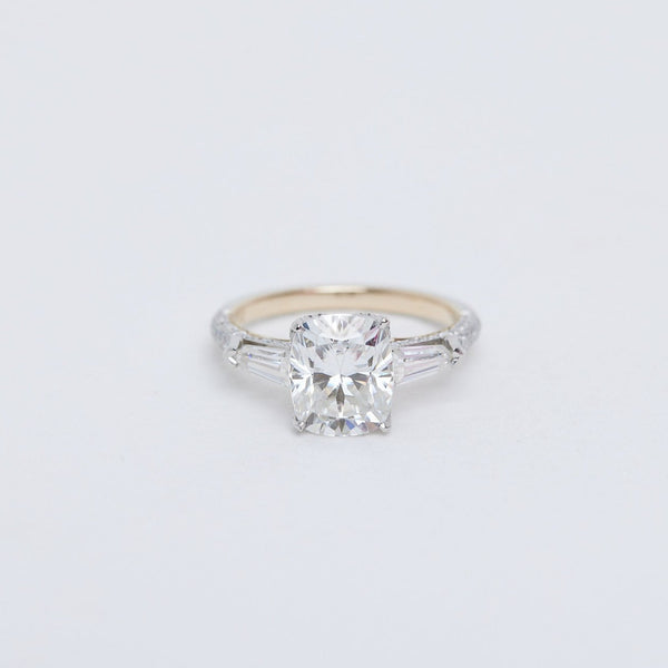 3 carat Elongated cushion diamond with tapered bullet side diamonds and fine diamond detailing