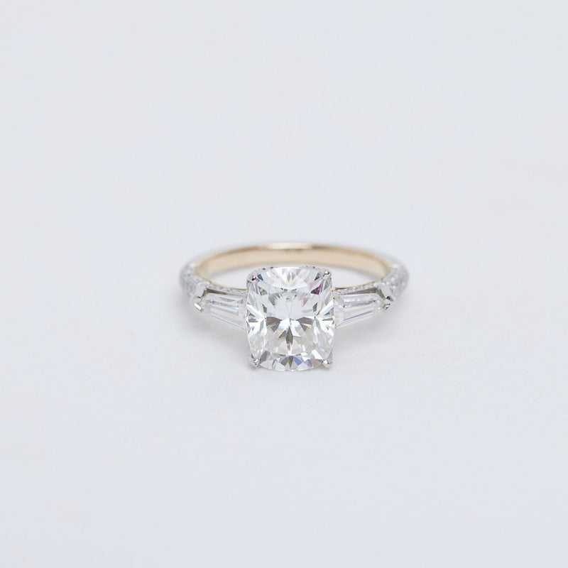 3 carat Elongated cushion diamond with tapered bullet side diamonds and fine diamond detailing