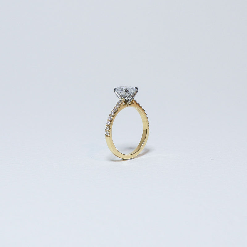 Fleur solitaire with fine diamond detailing. 18ct yellow gold diamond set band 