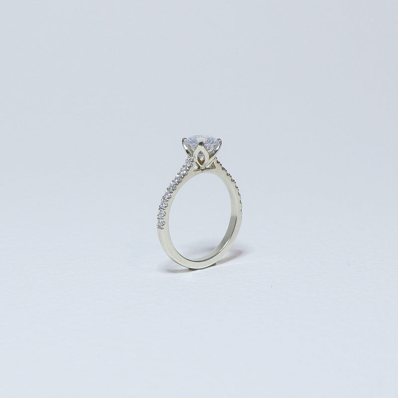 Round brilliant plain fleur solitaire ring with platinum diamond set band.