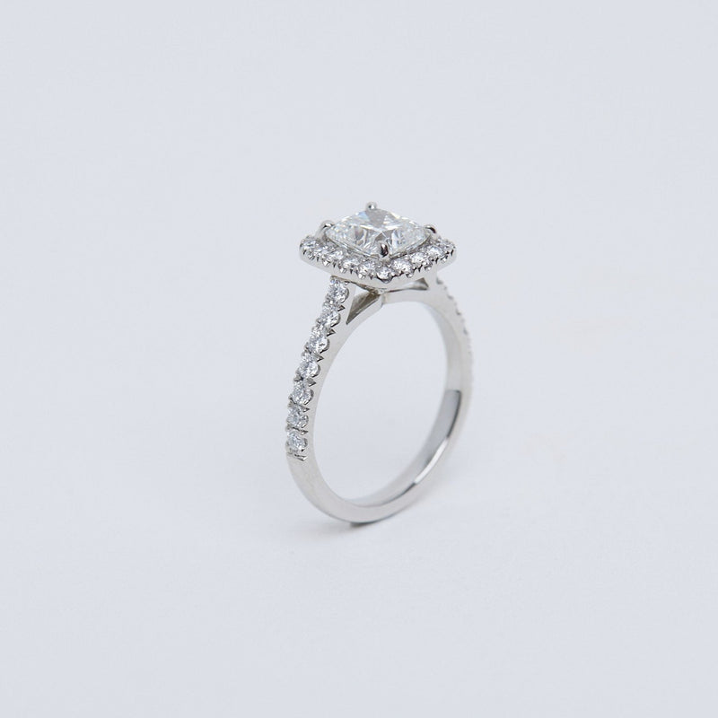 Cushion diamond halo ring.